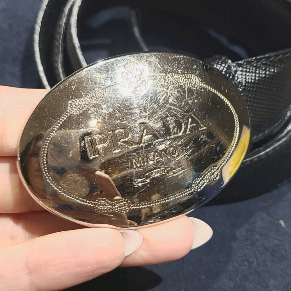 Prada Black Leather Belt with Silver Buckle